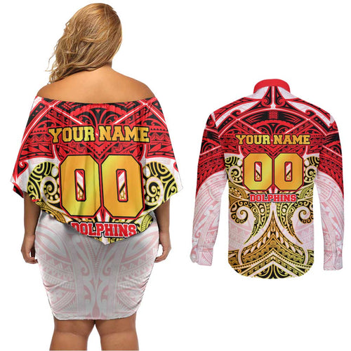 Personalized Dolphins Couples Matching Off Shoulder Short Dress and Long Sleeve Button Shirt Polynesian Tribal Pattern Style