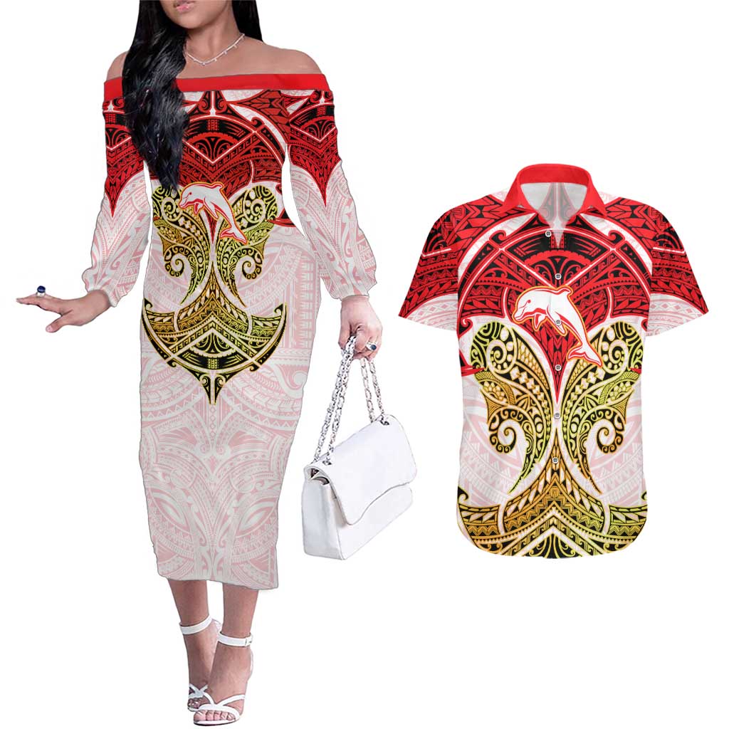 Personalized Dolphins Couples Matching Off The Shoulder Long Sleeve Dress and Hawaiian Shirt Polynesian Tribal Pattern Style