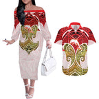 Personalized Dolphins Couples Matching Off The Shoulder Long Sleeve Dress and Hawaiian Shirt Polynesian Tribal Pattern Style