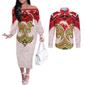 Personalized Dolphins Couples Matching Off The Shoulder Long Sleeve Dress and Long Sleeve Button Shirt Polynesian Tribal Pattern Style