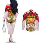 Personalized Dolphins Couples Matching Off The Shoulder Long Sleeve Dress and Long Sleeve Button Shirt Polynesian Tribal Pattern Style