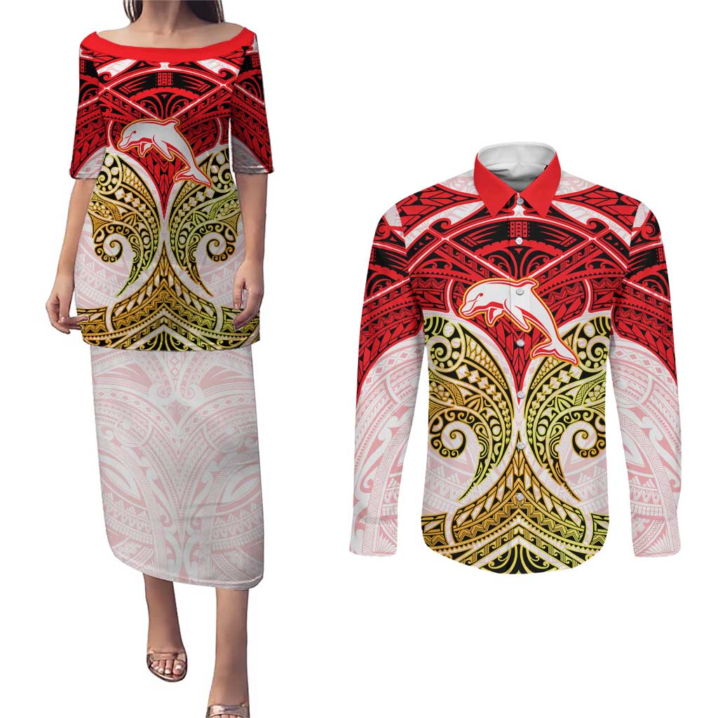 Personalized Dolphins Couples Matching Puletasi and Long Sleeve Button Shirt Polynesian Tribal Pattern Style