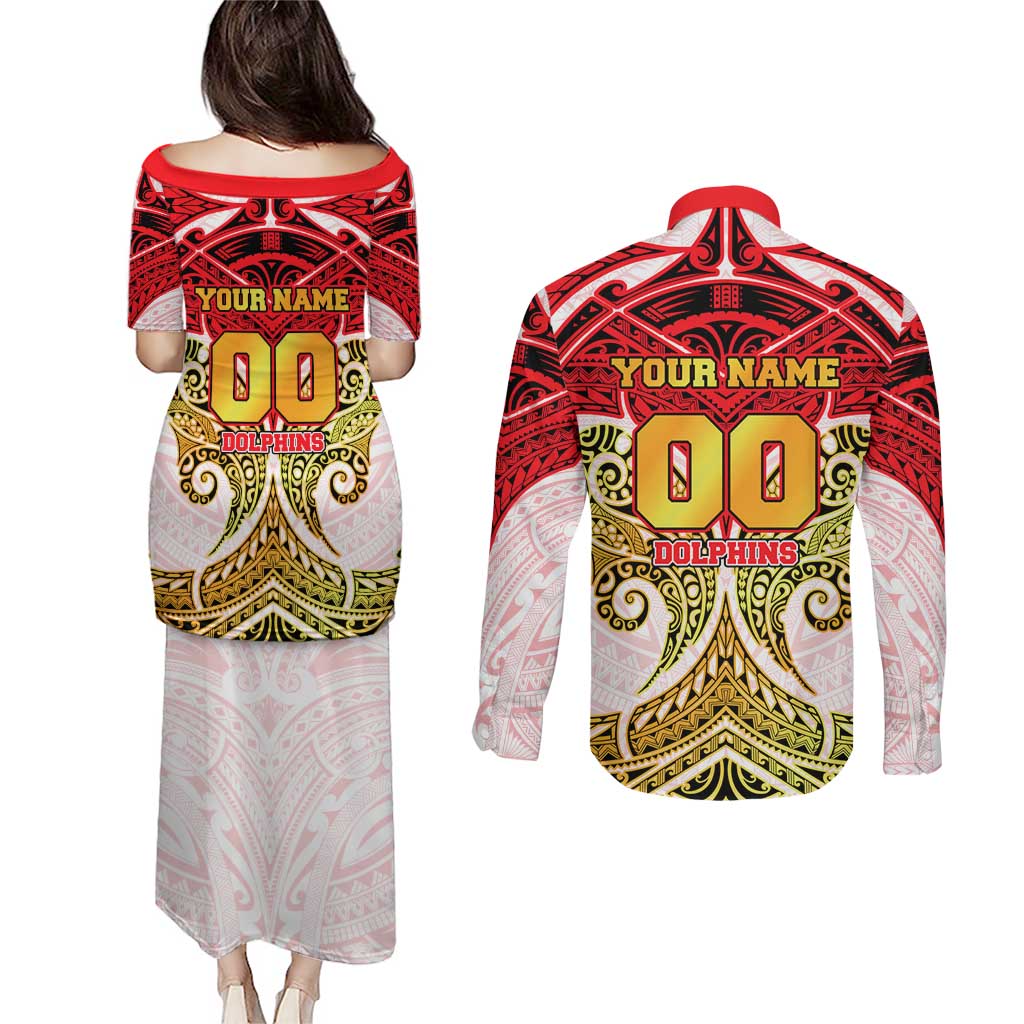 Personalized Dolphins Couples Matching Puletasi and Long Sleeve Button Shirt Polynesian Tribal Pattern Style