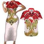 Personalized Dolphins Couples Matching Short Sleeve Bodycon Dress and Hawaiian Shirt Polynesian Tribal Pattern Style