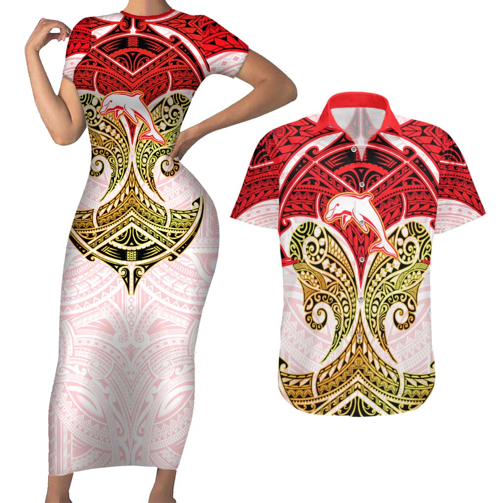 Personalized Dolphins Couples Matching Short Sleeve Bodycon Dress and Hawaiian Shirt Polynesian Tribal Pattern Style