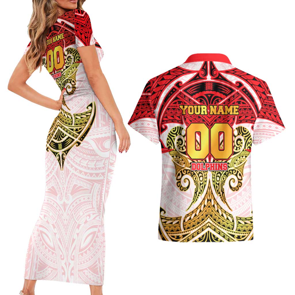 Personalized Dolphins Couples Matching Short Sleeve Bodycon Dress and Hawaiian Shirt Polynesian Tribal Pattern Style