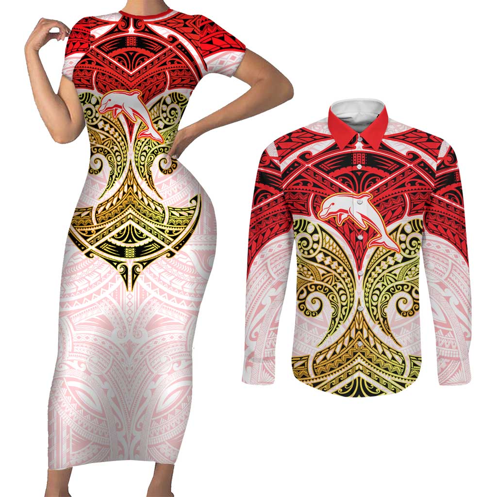 Personalized Dolphins Couples Matching Short Sleeve Bodycon Dress and Long Sleeve Button Shirt Polynesian Tribal Pattern Style