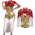 Personalized Dolphins Couples Matching Short Sleeve Bodycon Dress and Long Sleeve Button Shirt Polynesian Tribal Pattern Style