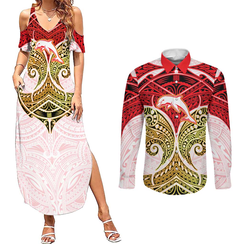 Personalized Dolphins Couples Matching Summer Maxi Dress and Long Sleeve Button Shirt Polynesian Tribal Pattern Style
