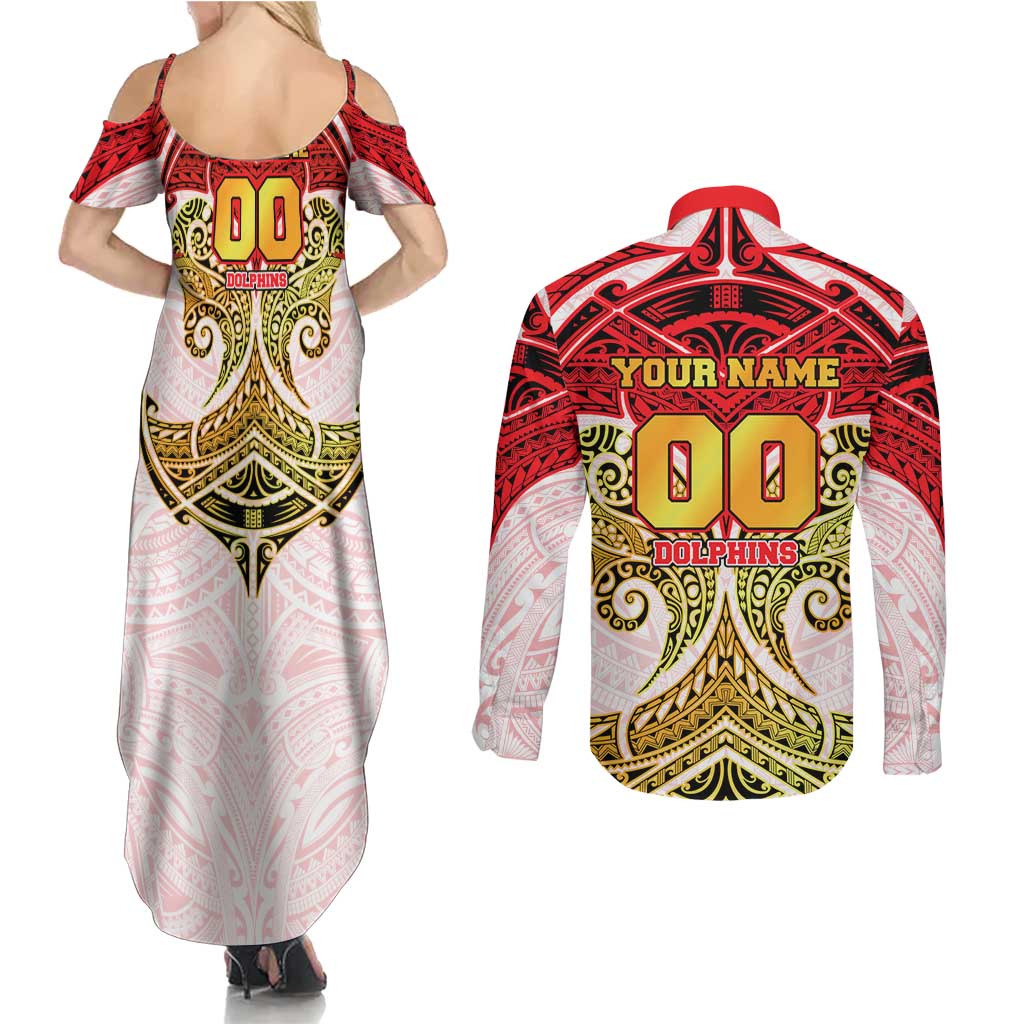 Personalized Dolphins Couples Matching Summer Maxi Dress and Long Sleeve Button Shirt Polynesian Tribal Pattern Style