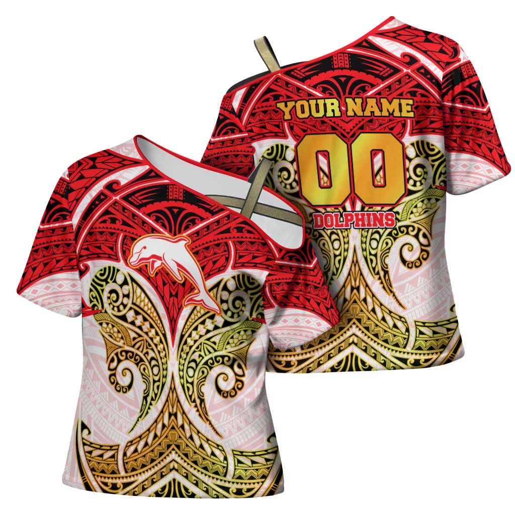 Personalized Dolphins Cross Shoulder Shirt Polynesian Tribal Pattern Style