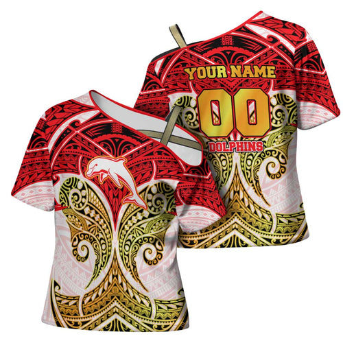 Personalized Dolphins Cross Shoulder Shirt Polynesian Tribal Pattern Style