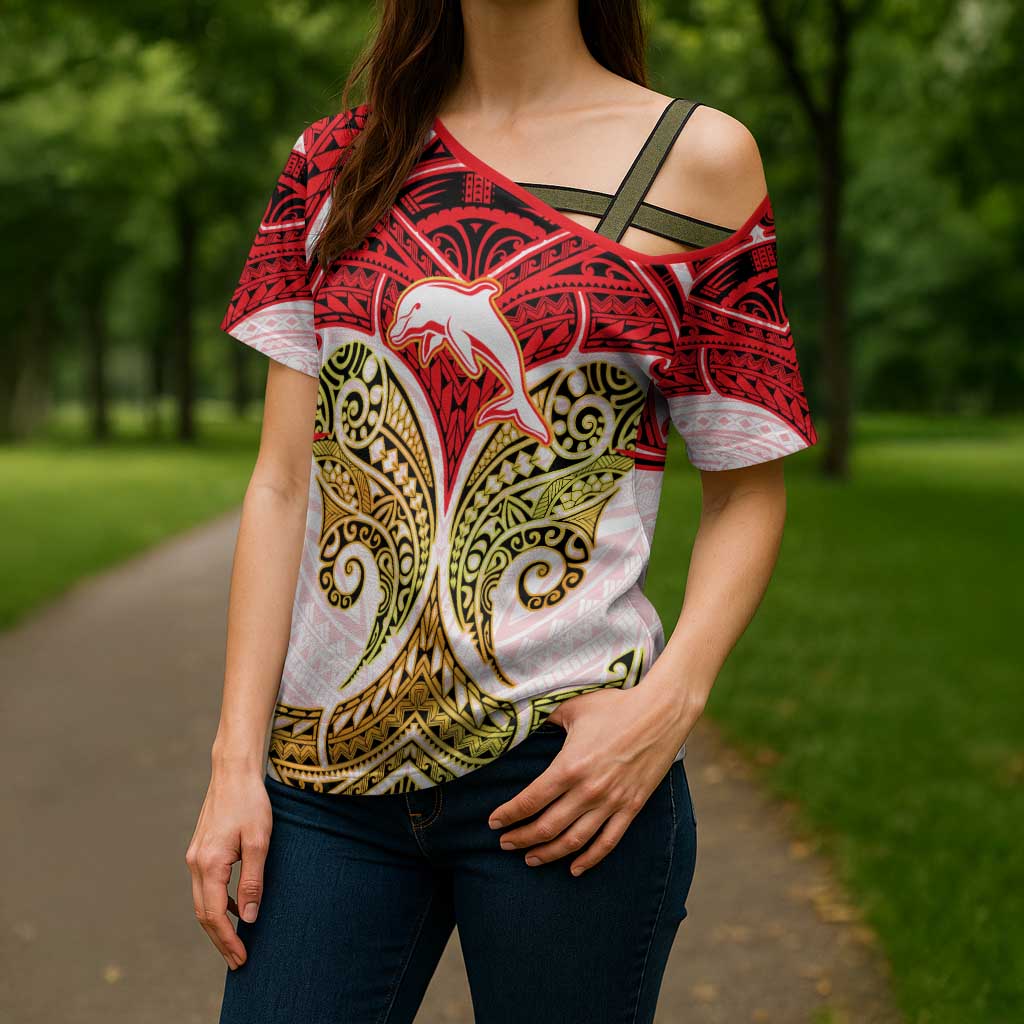 Personalized Dolphins Cross Shoulder Shirt Polynesian Tribal Pattern Style