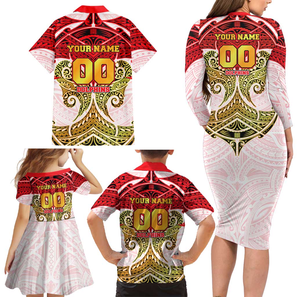 Personalized Dolphins Family Matching Long Sleeve Bodycon Dress and Hawaiian Shirt Polynesian Tribal Pattern Style