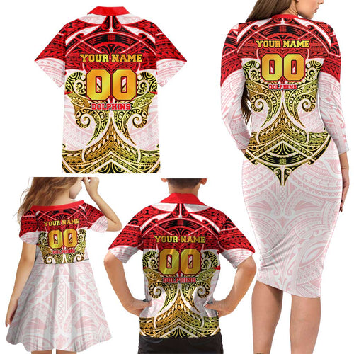 Personalized Dolphins Family Matching Long Sleeve Bodycon Dress and Hawaiian Shirt Polynesian Tribal Pattern Style