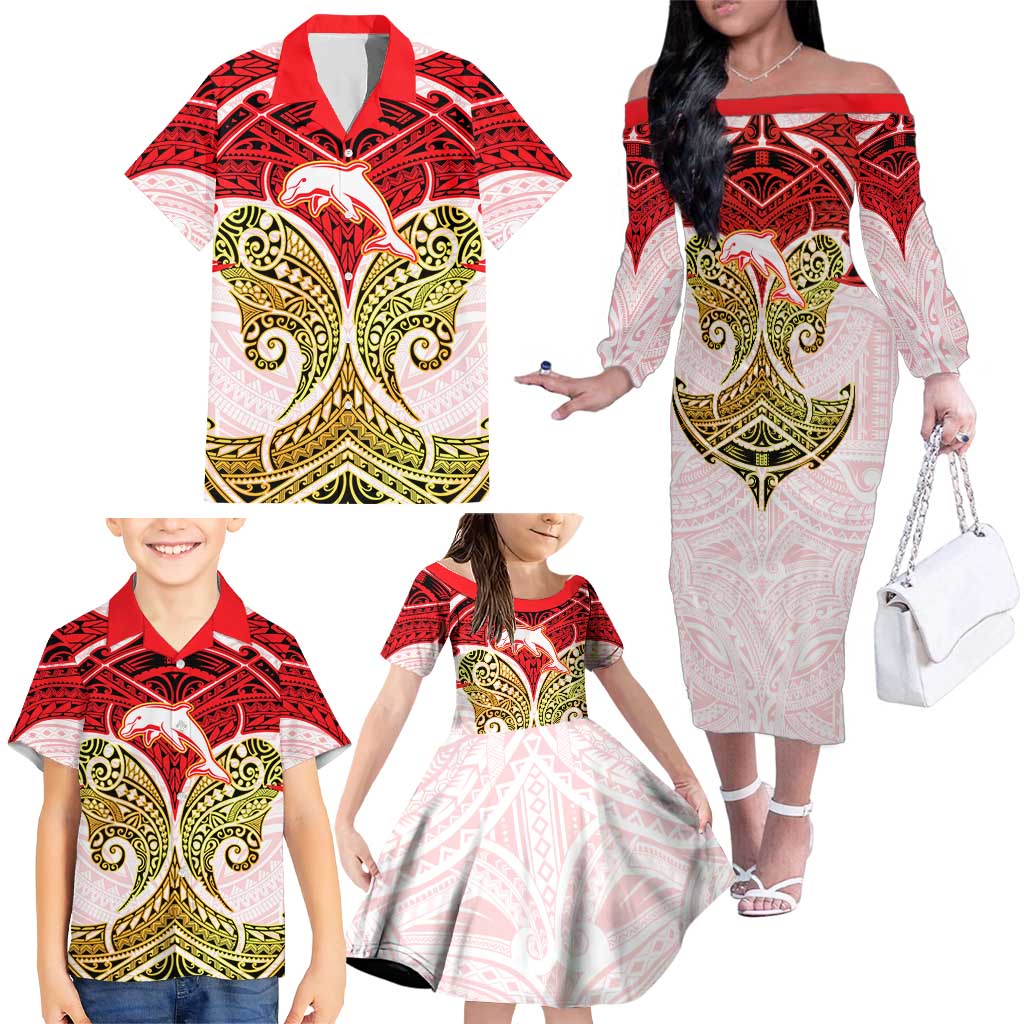 Personalized Dolphins Family Matching Off The Shoulder Long Sleeve Dress and Hawaiian Shirt Polynesian Tribal Pattern Style