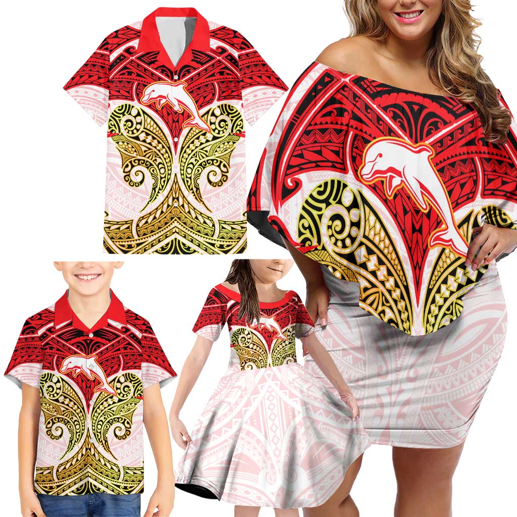 Personalized Dolphins Family Matching Off Shoulder Short Dress and Hawaiian Shirt Polynesian Tribal Pattern Style