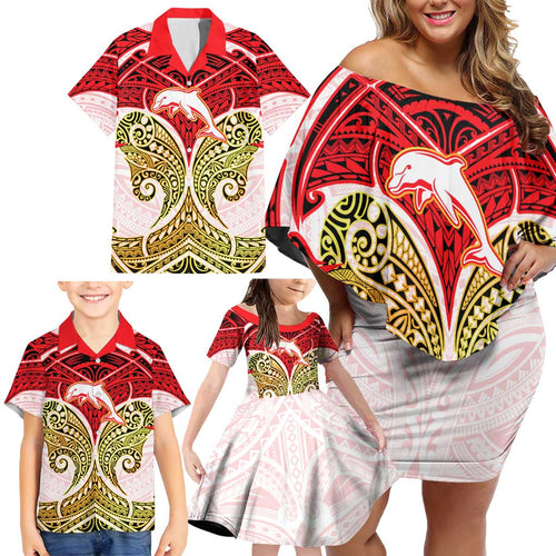 Personalized Dolphins Family Matching Off Shoulder Short Dress and Hawaiian Shirt Polynesian Tribal Pattern Style