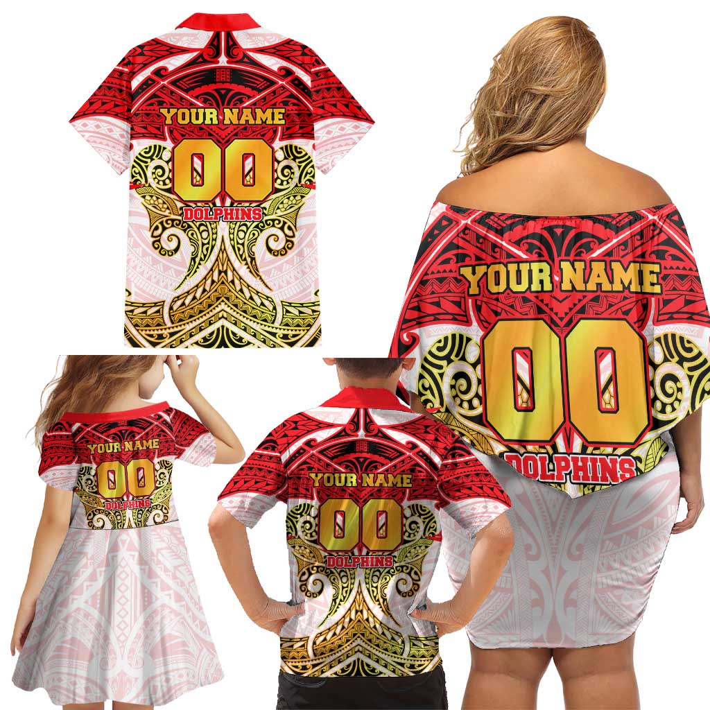 Personalized Dolphins Family Matching Off Shoulder Short Dress and Hawaiian Shirt Polynesian Tribal Pattern Style