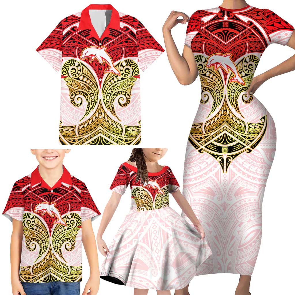 Personalized Dolphins Family Matching Short Sleeve Bodycon Dress and Hawaiian Shirt Polynesian Tribal Pattern Style