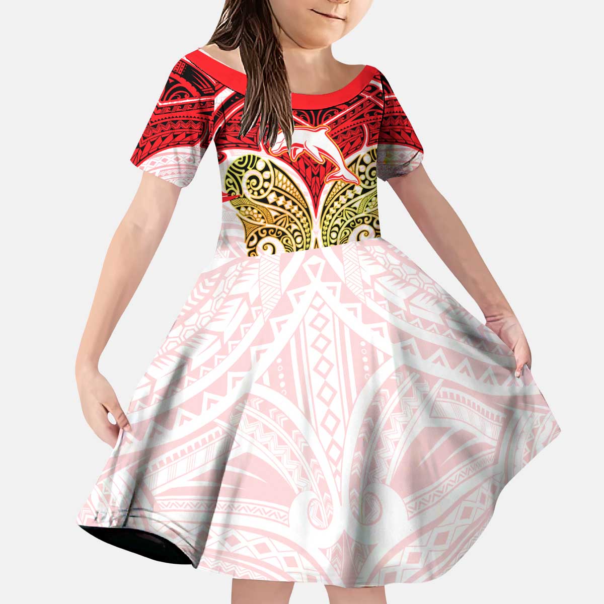 Personalized Dolphins Kid Short Sleeve Dress Polynesian Tribal Pattern Style