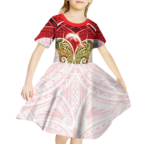 Personalized Dolphins Kid Short Sleeve Dress Polynesian Tribal Pattern Style