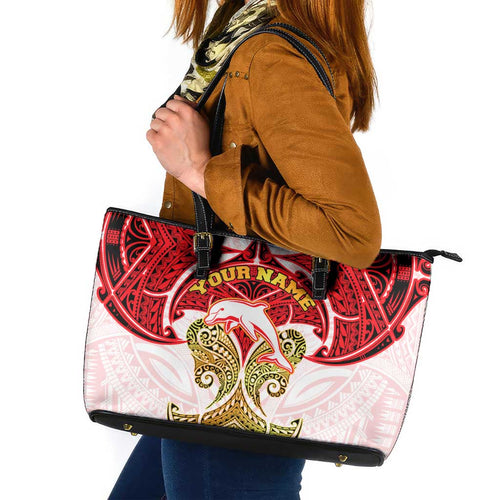 Personalized Dolphins Leather Tote Bag Polynesian Tribal Pattern Style