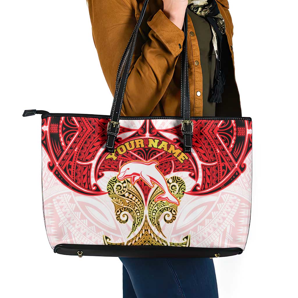 Personalized Dolphins Leather Tote Bag Polynesian Tribal Pattern Style