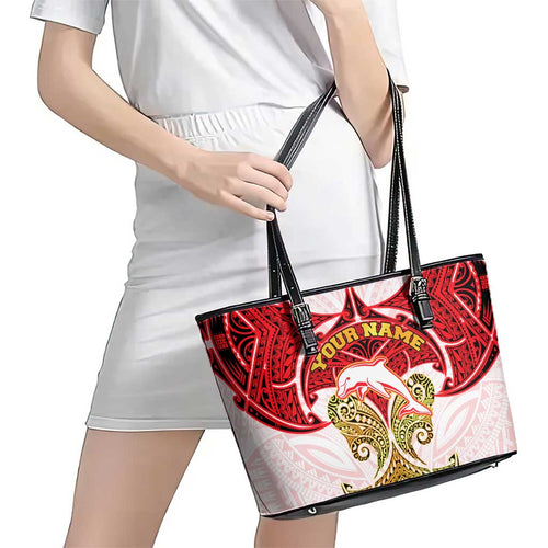 Personalized Dolphins Leather Tote Bag Polynesian Tribal Pattern Style
