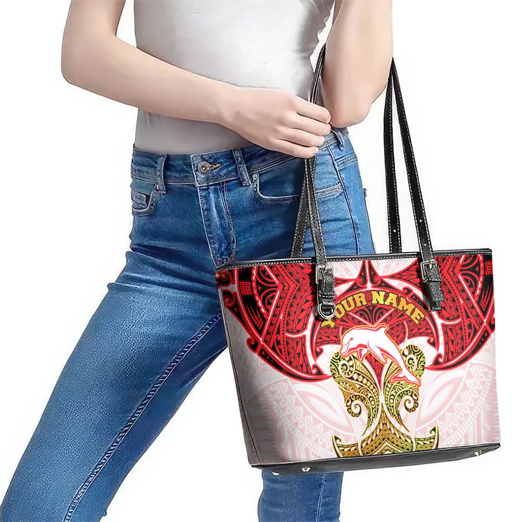 Personalized Dolphins Leather Tote Bag Polynesian Tribal Pattern Style