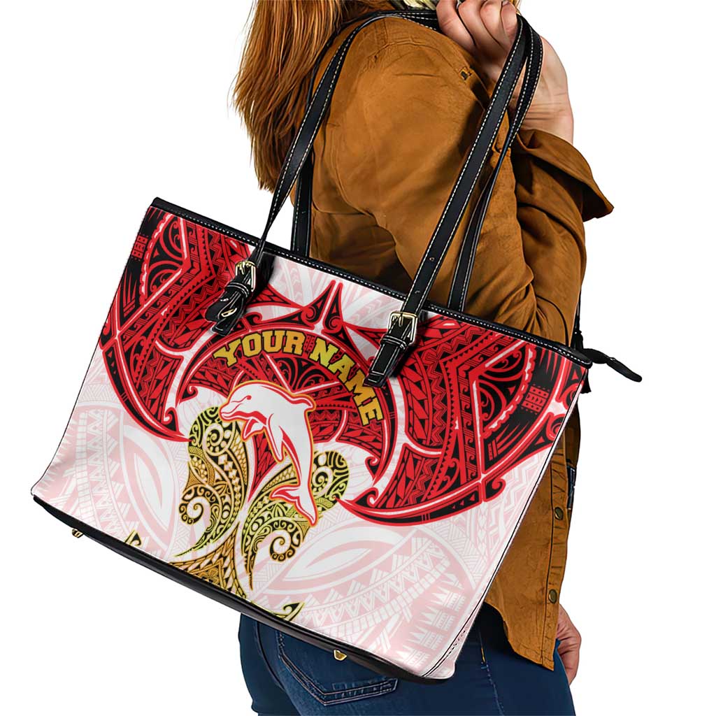 Personalized Dolphins Leather Tote Bag Polynesian Tribal Pattern Style