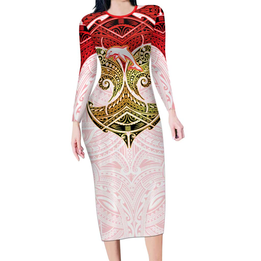 Personalized Dolphins Long Sleeve Bodycon Dress Polynesian Tribal Pattern Style