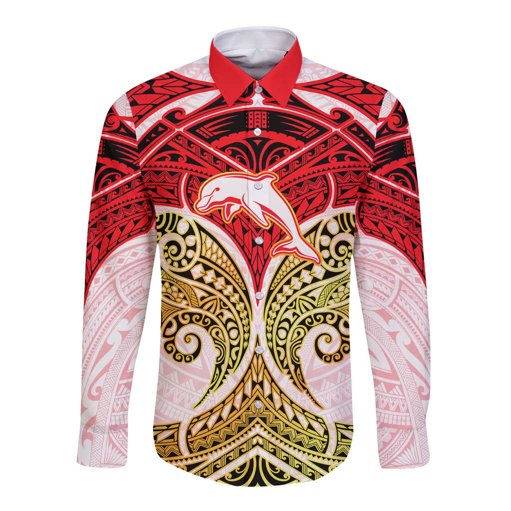 Personalized Dolphins Long Sleeve Button Shirt Polynesian Tribal Pattern Style