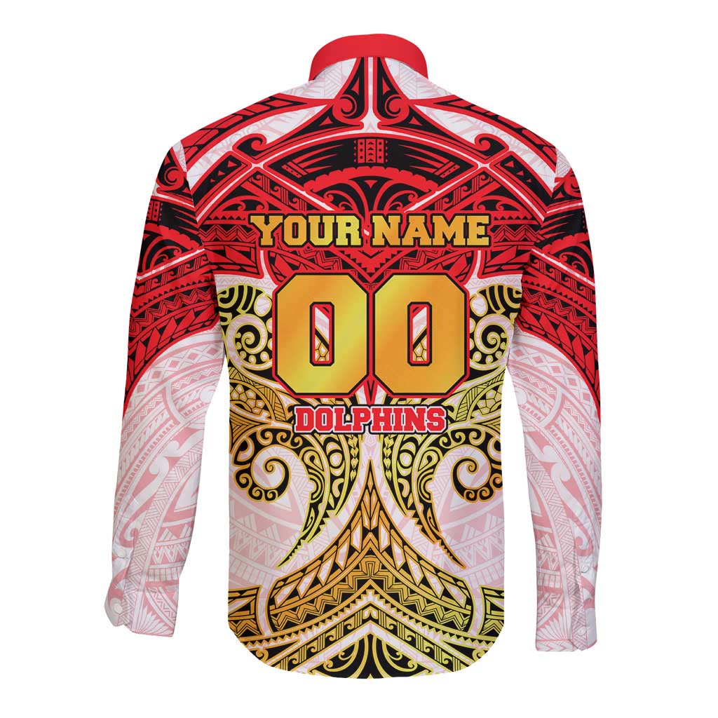 Personalized Dolphins Long Sleeve Button Shirt Polynesian Tribal Pattern Style