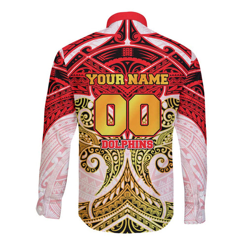 Personalized Dolphins Long Sleeve Button Shirt Polynesian Tribal Pattern Style