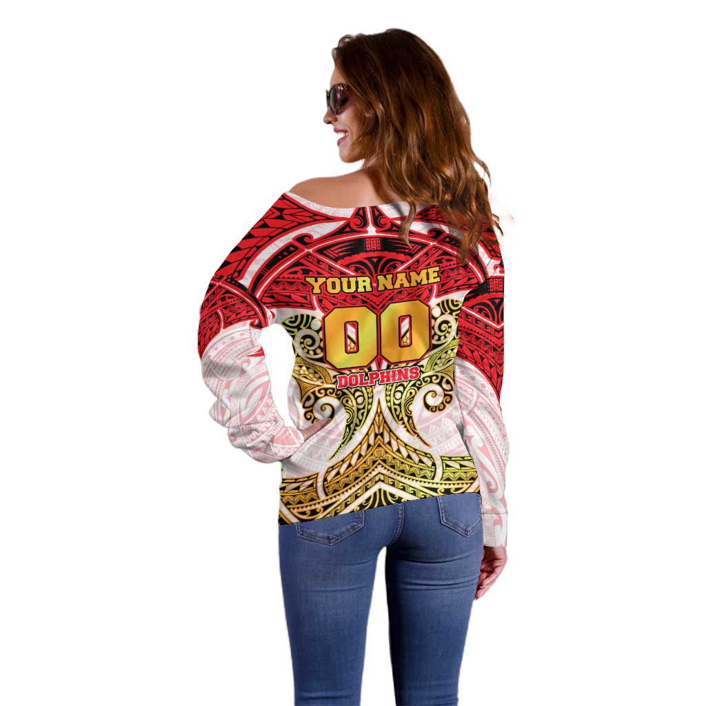 Personalized Dolphins Off Shoulder Sweater Polynesian Tribal Pattern Style