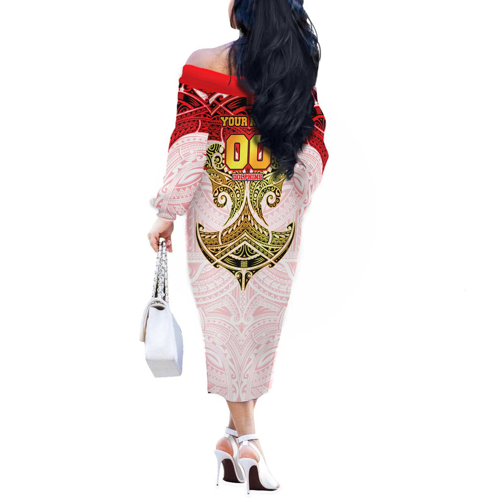 Personalized Dolphins Off The Shoulder Long Sleeve Dress Polynesian Tribal Pattern Style