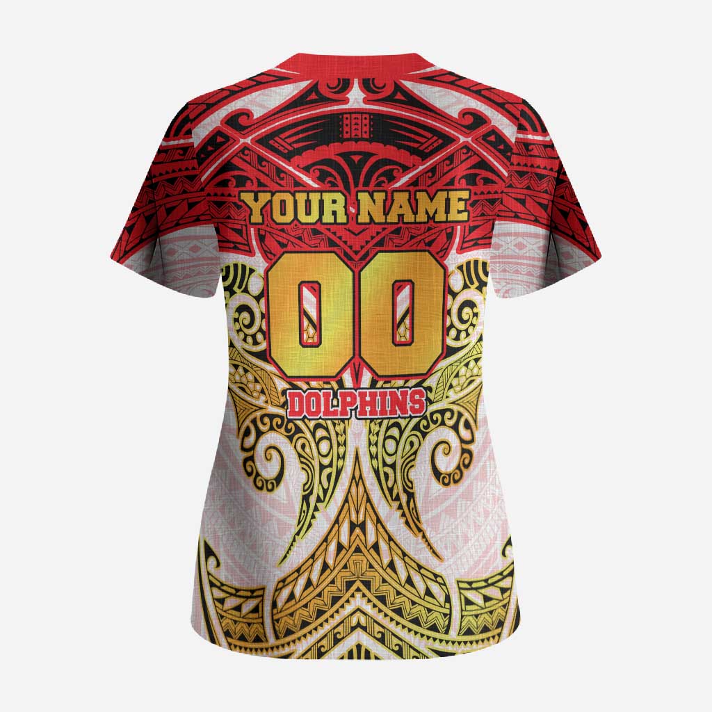 Personalized Dolphins Scrub Top Polynesian Tribal Pattern Style