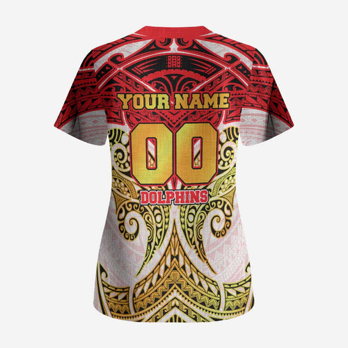 Personalized Dolphins Scrub Top Polynesian Tribal Pattern Style