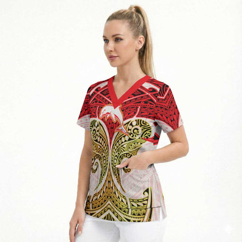Personalized Dolphins Scrub Top Polynesian Tribal Pattern Style