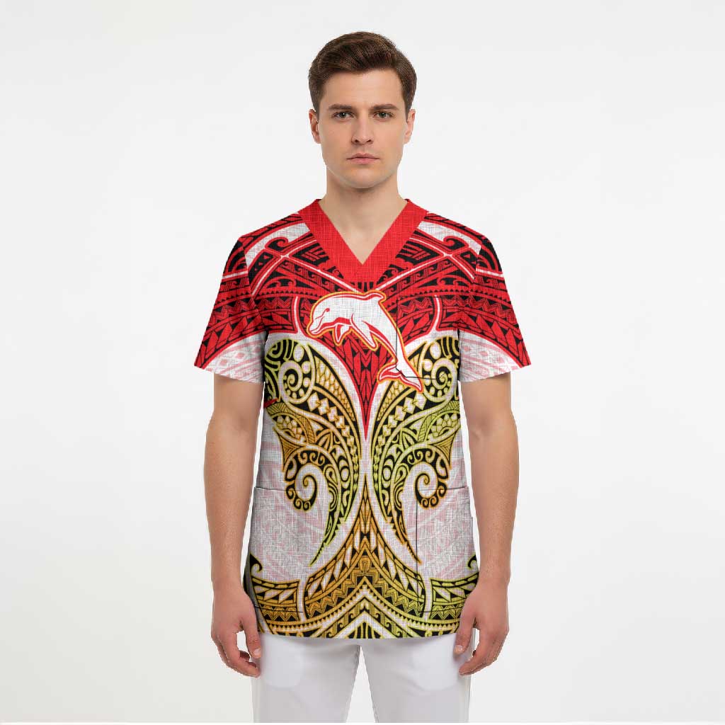 Personalized Dolphins Scrub Top Polynesian Tribal Pattern Style