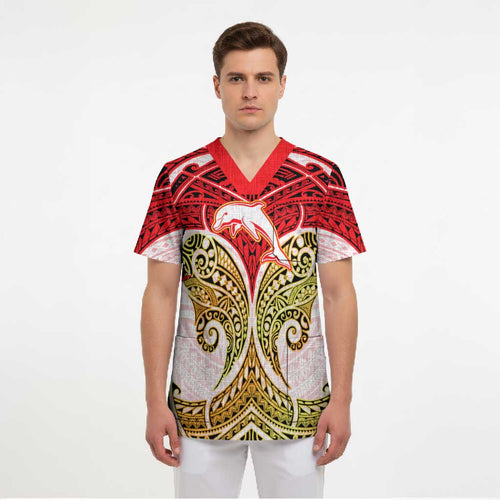 Personalized Dolphins Scrub Top Polynesian Tribal Pattern Style