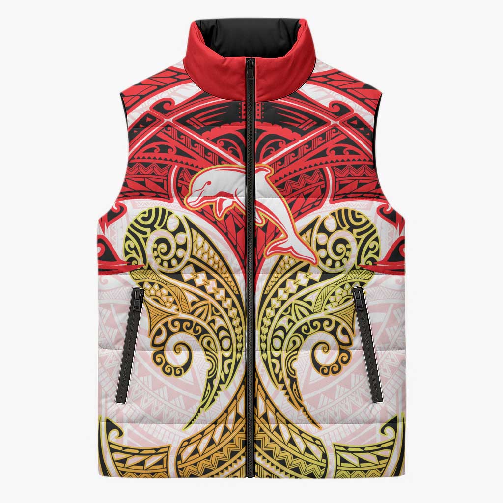 Personalized Dolphins Sleeveless Puffer Jacket Polynesian Tribal Pattern Style