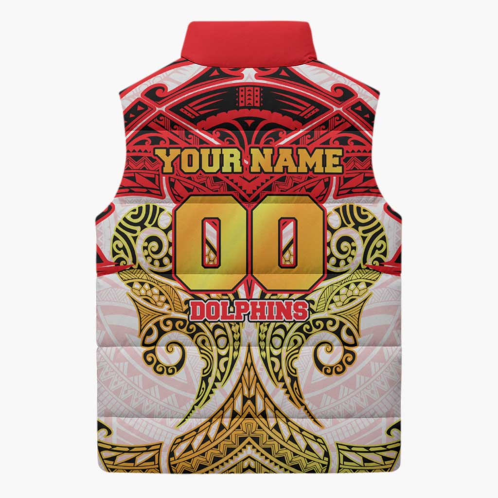 Personalized Dolphins Sleeveless Puffer Jacket Polynesian Tribal Pattern Style