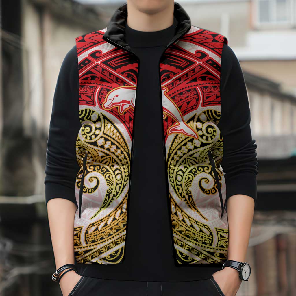 Personalized Dolphins Sleeveless Puffer Jacket Polynesian Tribal Pattern Style