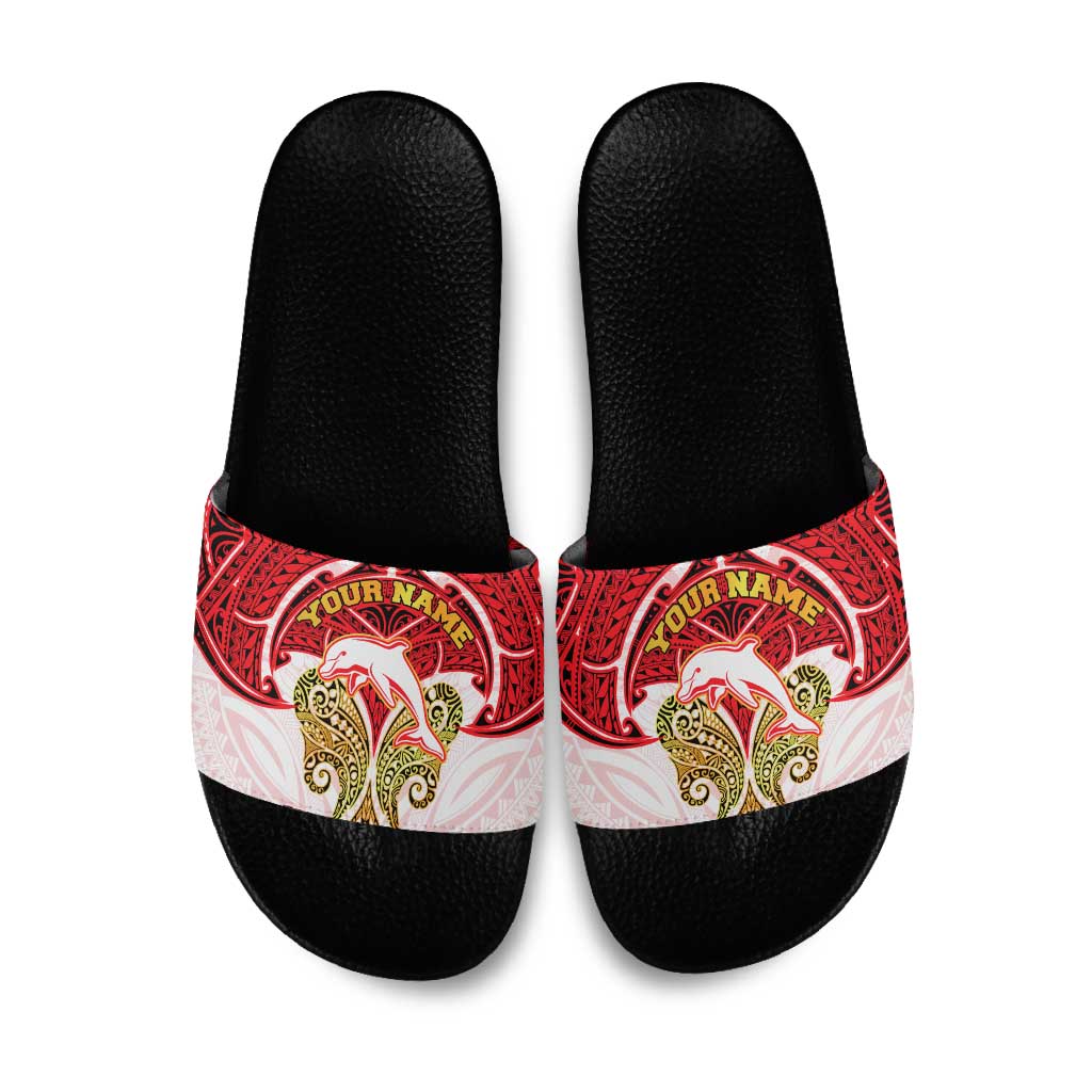 Personalized Dolphins Slide Sandals Polynesian Tribal Pattern Style