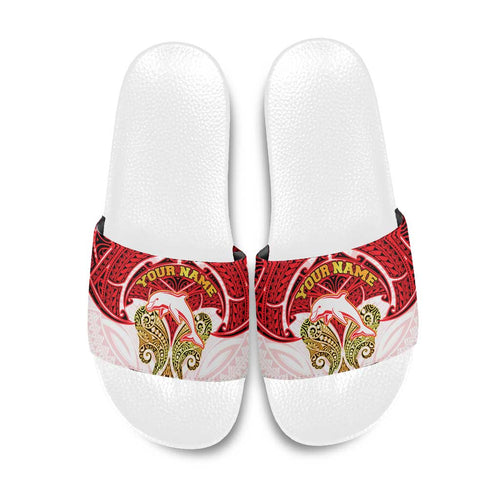 Personalized Dolphins Slide Sandals Polynesian Tribal Pattern Style