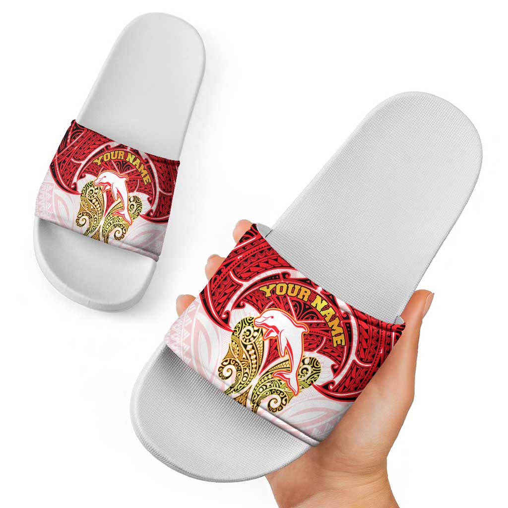 Personalized Dolphins Slide Sandals Polynesian Tribal Pattern Style