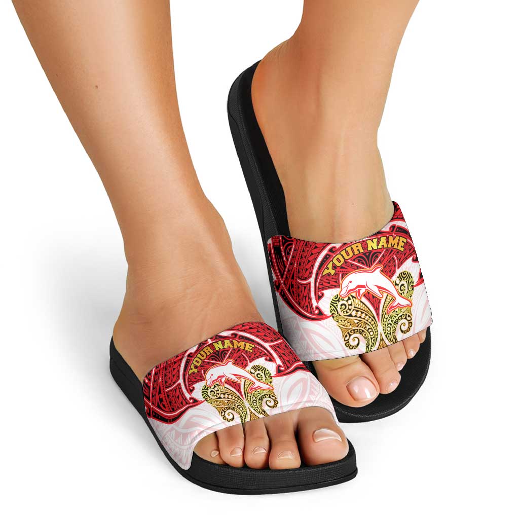 Personalized Dolphins Slide Sandals Polynesian Tribal Pattern Style