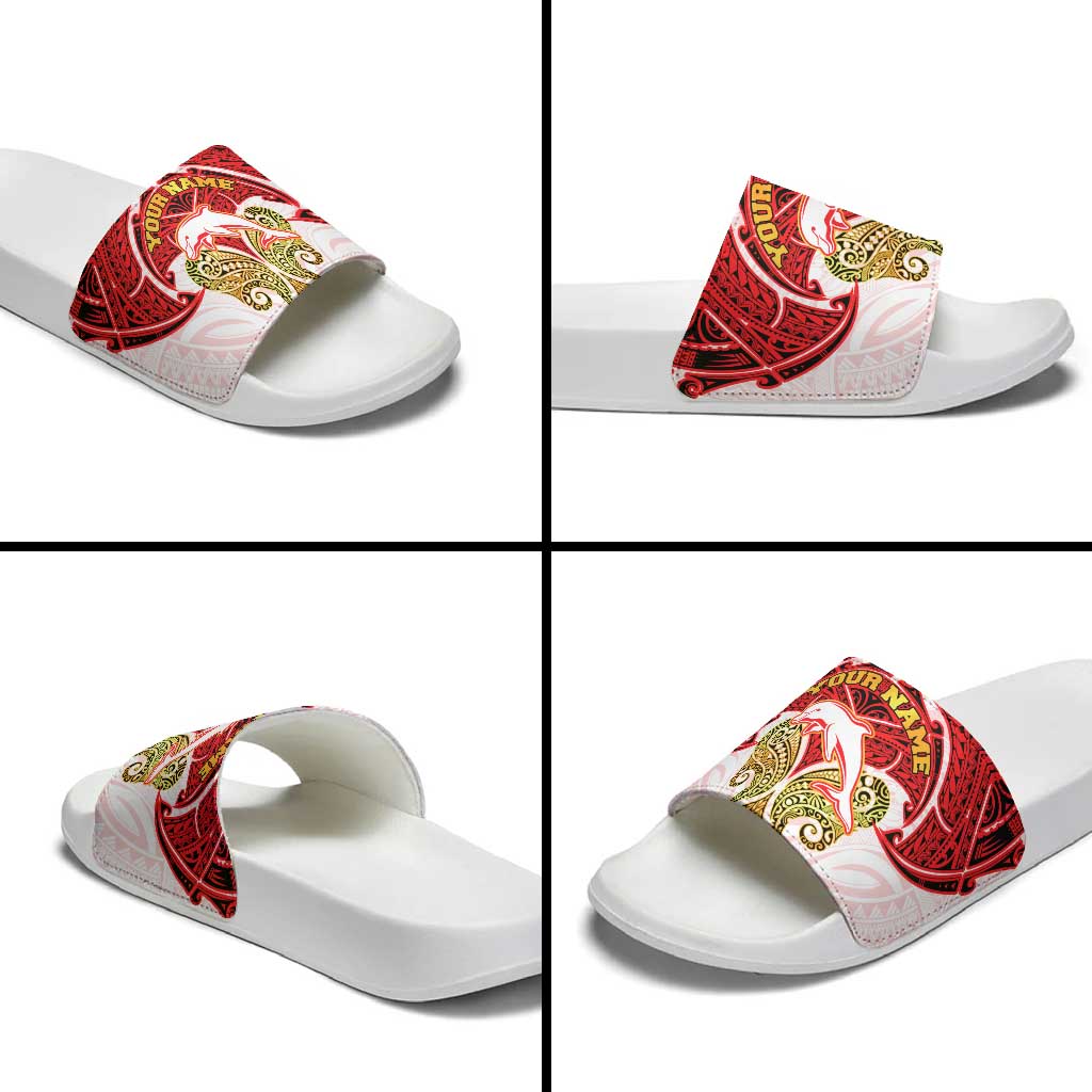 Personalized Dolphins Slide Sandals Polynesian Tribal Pattern Style